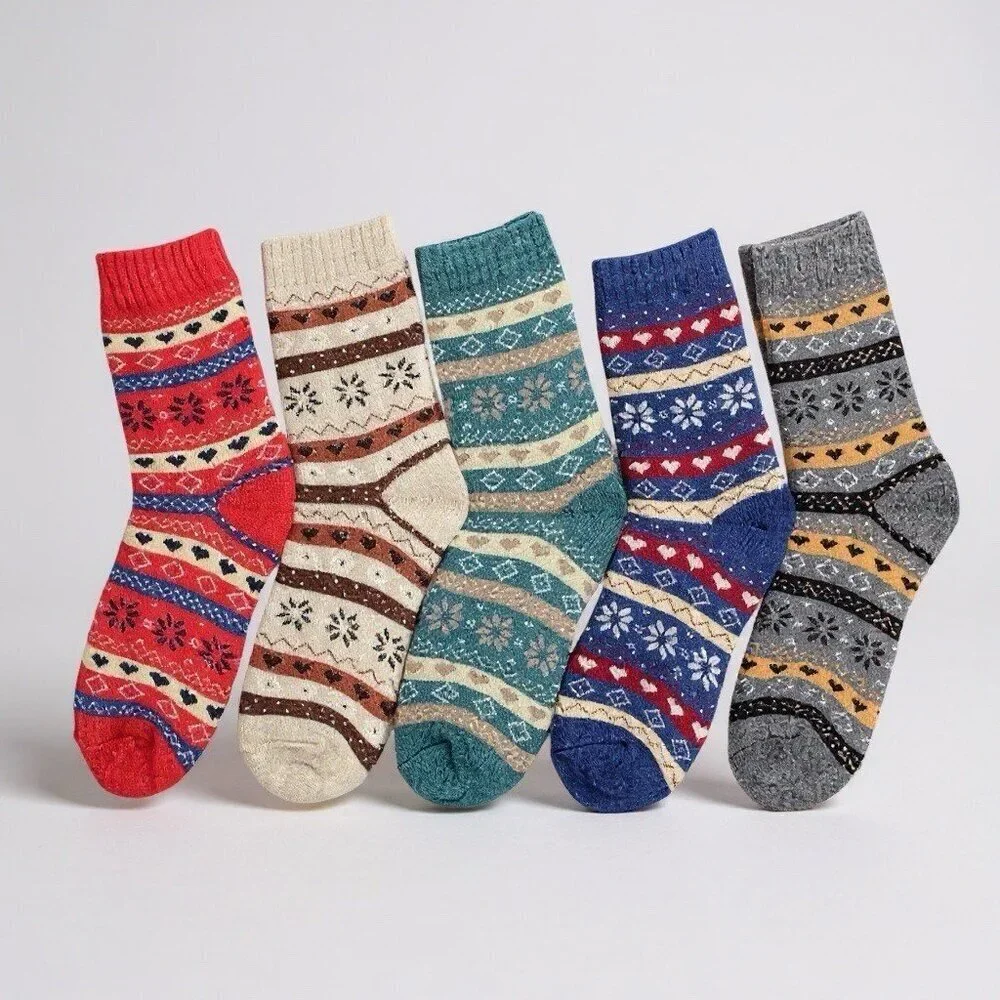 NEW 5 Sets Womens Heavy Knit Colorful Fair Isle Hearts Winter Cabin Socks Bundle